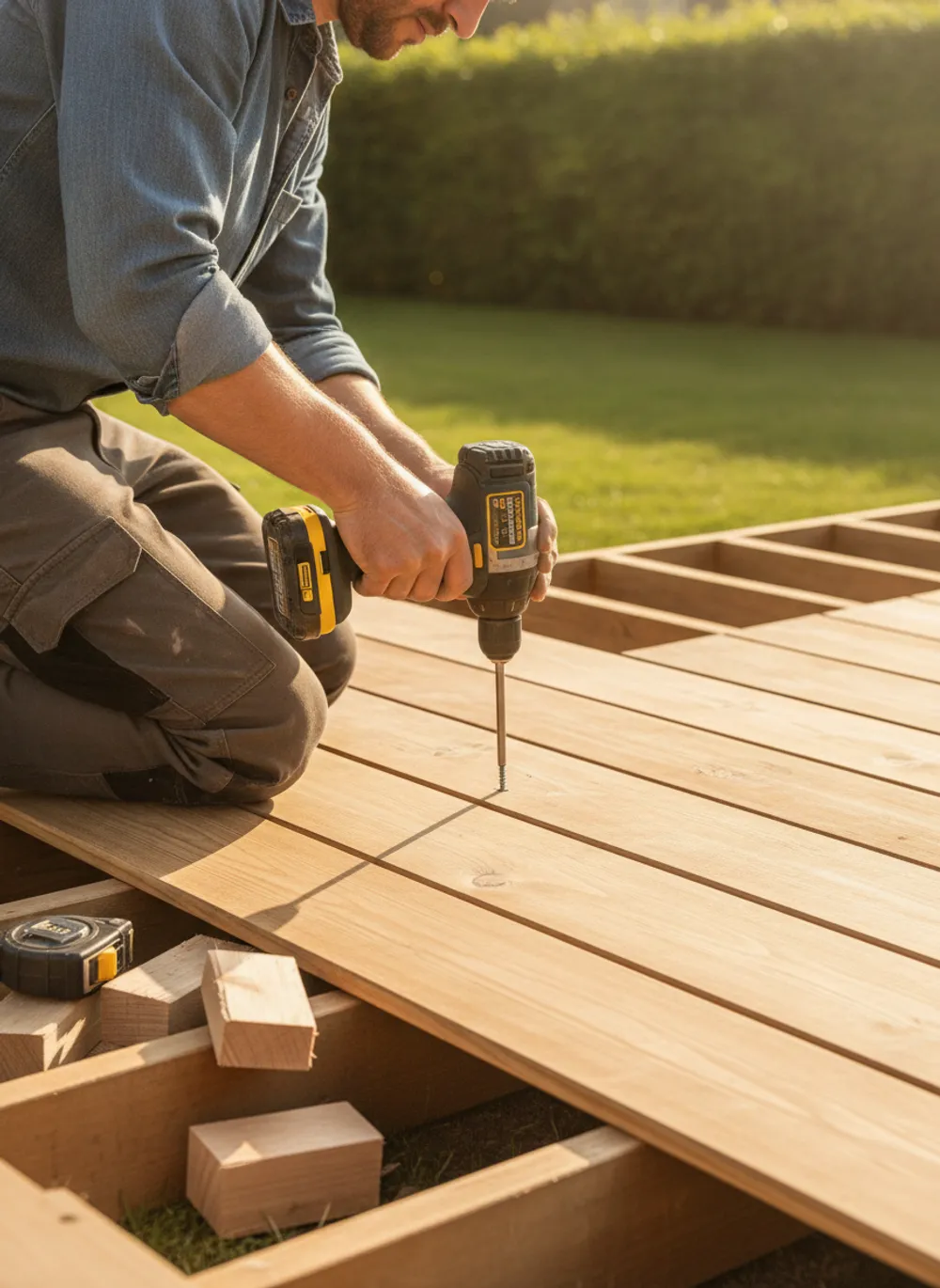 Handwerker verschraubt eine Diele einer neuen Holzterrasse, dahinter Rasen und Hecke