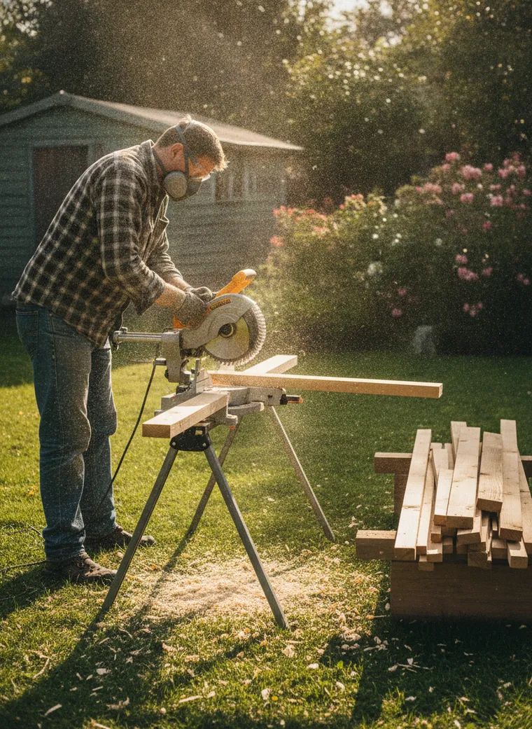 Handwerker sägt eine Holzlatte auf einer Kappsäge im Garten, Sägemehl in der Luft